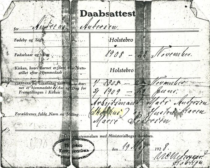 Dåbsattest for Andreas Andersen